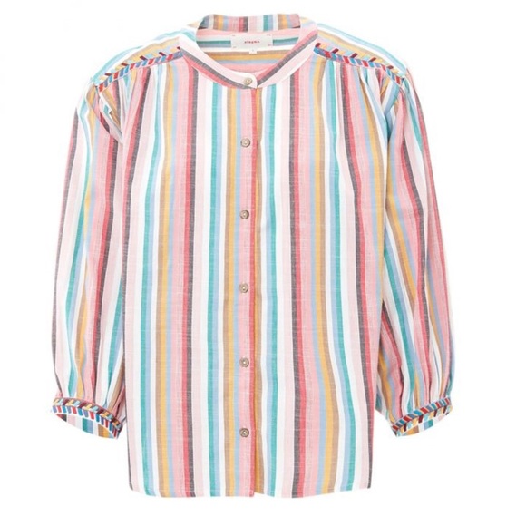 XiRENA Tops - Xirena Charley Puff Sleeve Rainbow Striped Peasant Top Boho Festival Embroidered